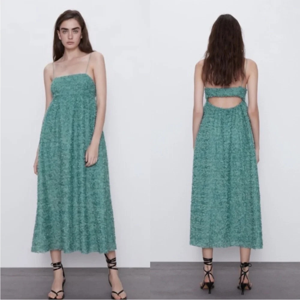 ZARA Textured Weave Sea Foam Green Floral Spaghetti Strap Summer Midi Dress